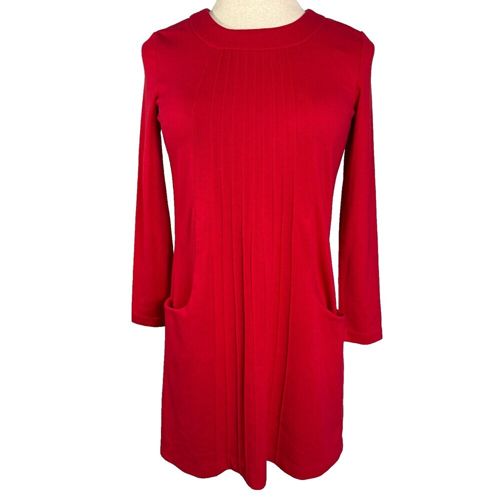 VTG Chadwicks Red Knee Length Ponte Shift Dress Sz M Long Sleeves Front Pockets